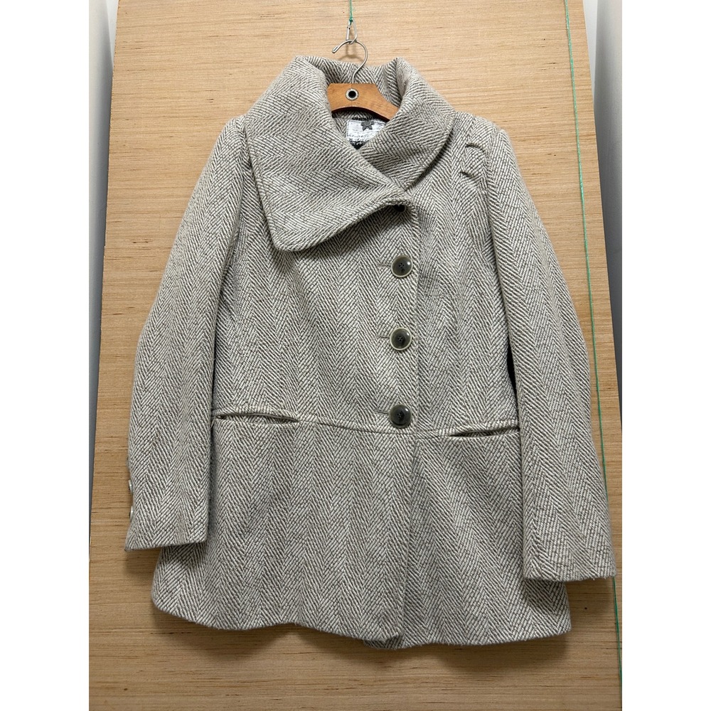 Kensie Womens Herringbone Peacoat Cream Tan Large Collar Button Front Size Large